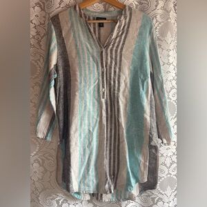 Like New 100% Linen Women’s Striped Aqua and Gray Tunic Top